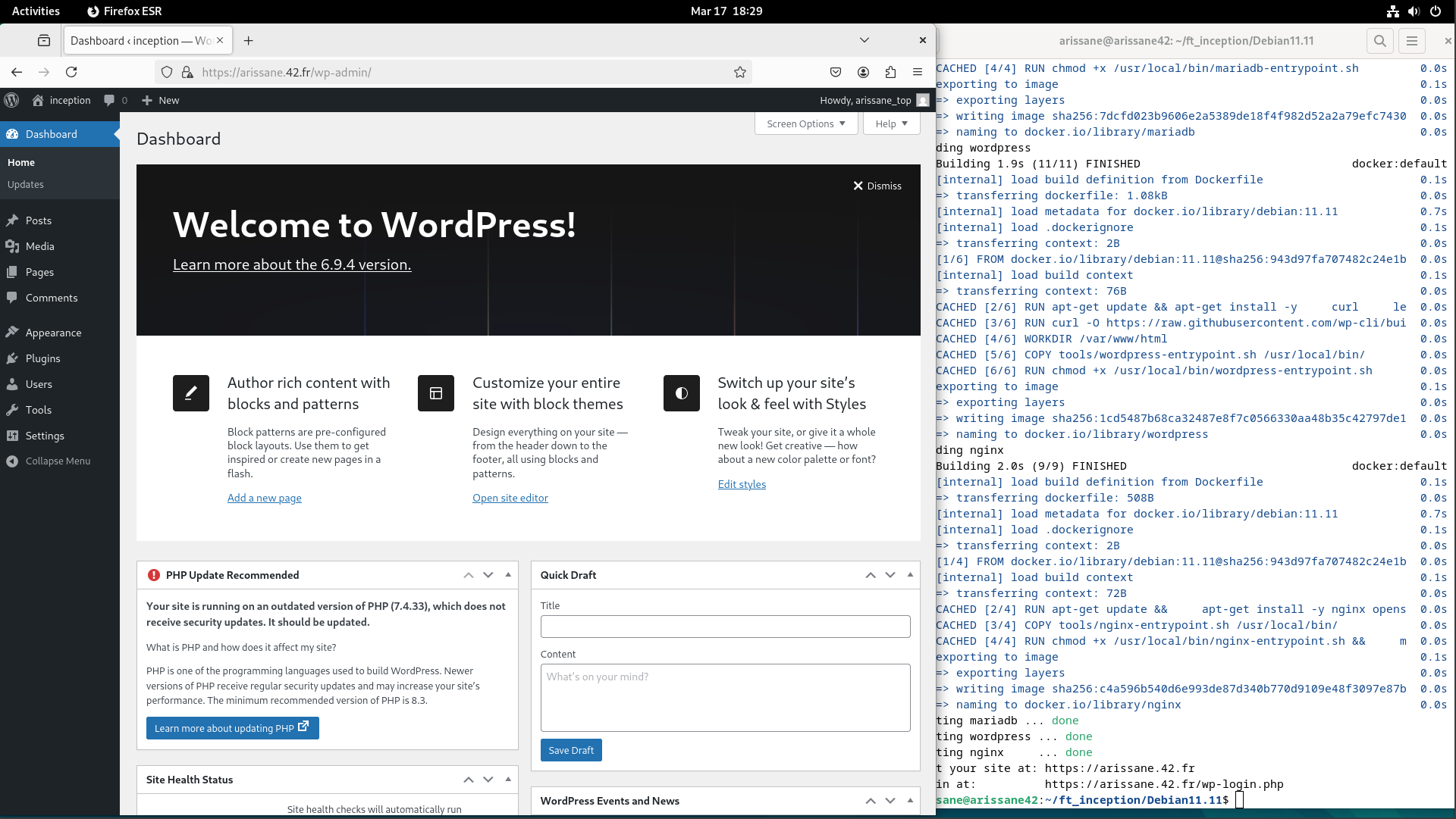 The authenticated WordPress administration dashboard running through the containerized NGINX, PHP-FPM, and MariaDB stack.