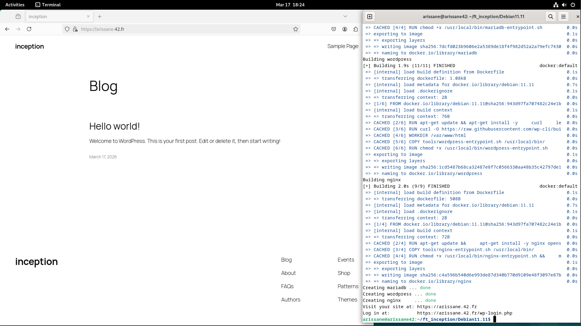 The WordPress site running over local HTTPS alongside successful Docker image builds and container startup output.