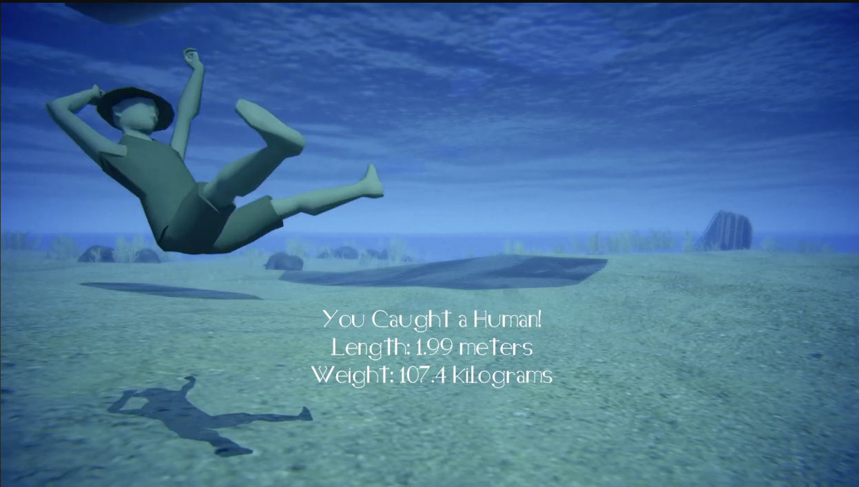 Victory sequence showing the fisherman underwater as the fish’s catch.
