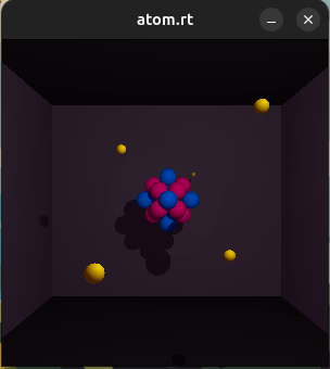 An atom-like scene rendered from overlapping coloured spheres, surrounding particles, lighting, and hard shadows.