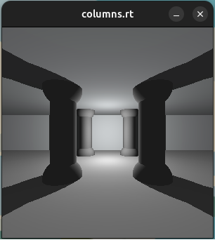 A corridor of cylinders and planes demonstrating perspective, repeated geometry, diffuse lighting, and shadows.