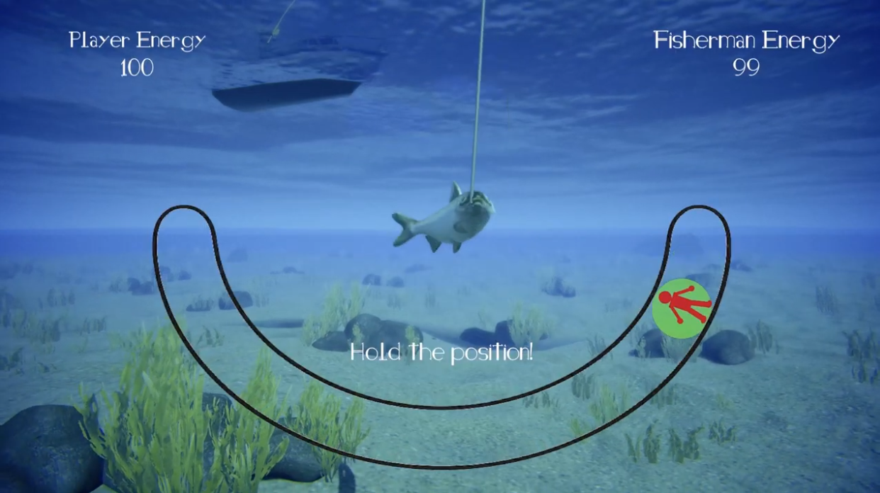 Gameplay view showing the fish, curved fishing meter, and overlap-based positioning challenge.